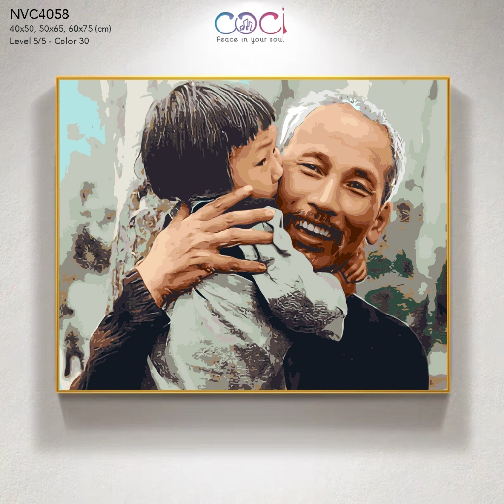 Tranh Bác Hồ và em bé tự tô màu theo số cho người lớn COCI kèm khung và bộ màu NVC4058