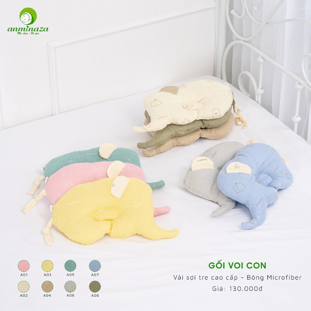 Gối Đầu Cho Bé Anminaza Hình Động Vật Dễ Thương,Vải Sợi Tre Lành Tính ,Bông Microfiber Mềm Mịn