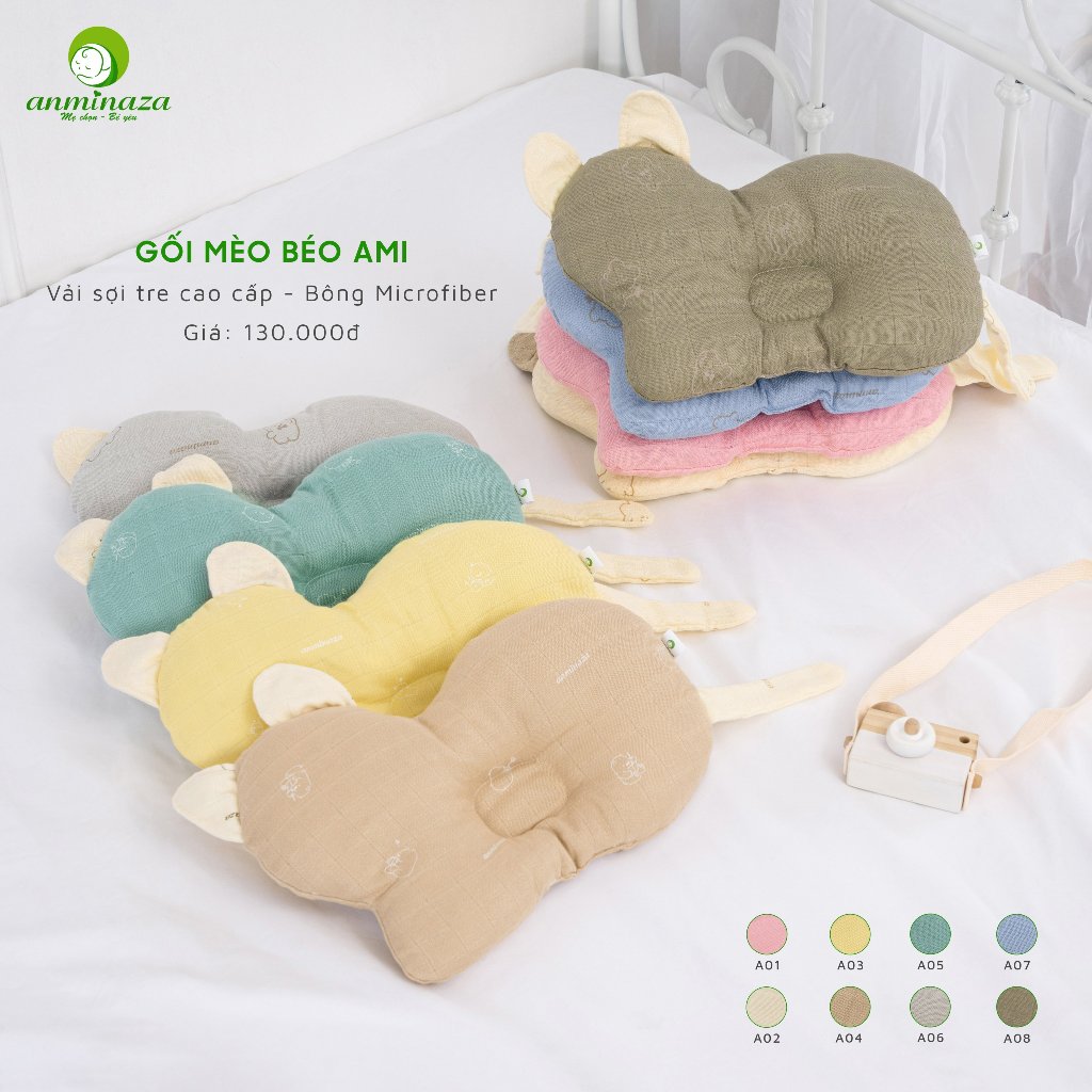 Gối Đầu Cho Bé Anminaza Hình Động Vật Dễ Thương,Vải Sợi Tre Lành Tính ,Bông Microfiber Mềm Mịn