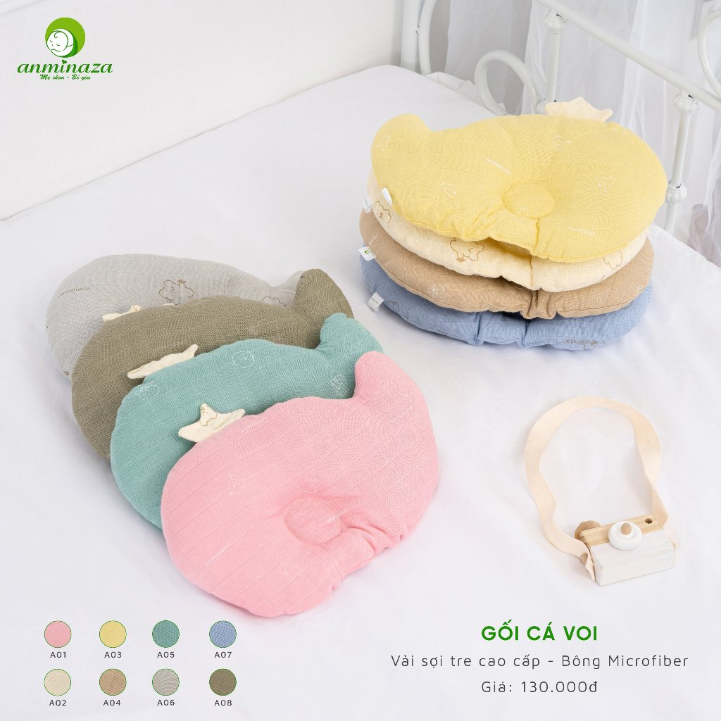 Gối Đầu Cho Bé Anminaza Hình Động Vật Dễ Thương,Vải Sợi Tre Lành Tính ,Bông Microfiber Mềm Mịn