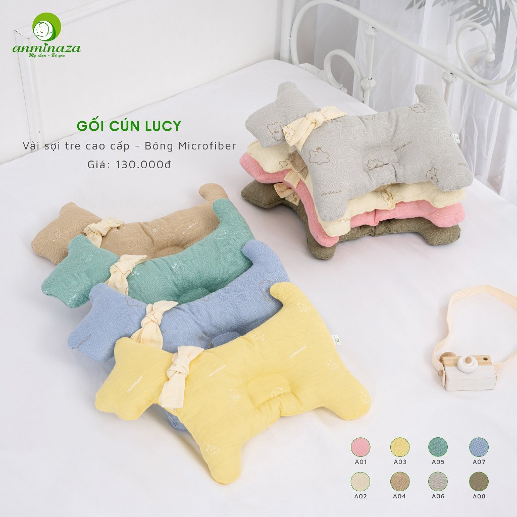 Gối Đầu Cho Bé Anminaza Hình Động Vật Dễ Thương,Vải Sợi Tre Lành Tính ,Bông Microfiber Mềm Mịn