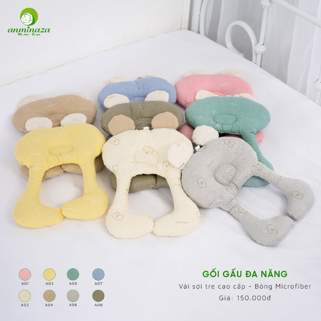 Gối Đầu Cho Bé Anminaza Hình Động Vật Dễ Thương,Vải Sợi Tre Lành Tính ,Bông Microfiber Mềm Mịn