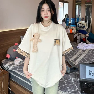 Áo Phông Gấu Thiết Kế Sọc Caro Kết Hợp Gấu Chất Liệu Cotton - Áo Phông Nữ Phong Cách Girl Phố Hot Trend