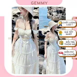 Maxi biển, váy công chúa, áo corset cúp ngực đan dây eo có mút ngực, chân váy dài chất tơ xốp ren bồng bềnh - GEMMY