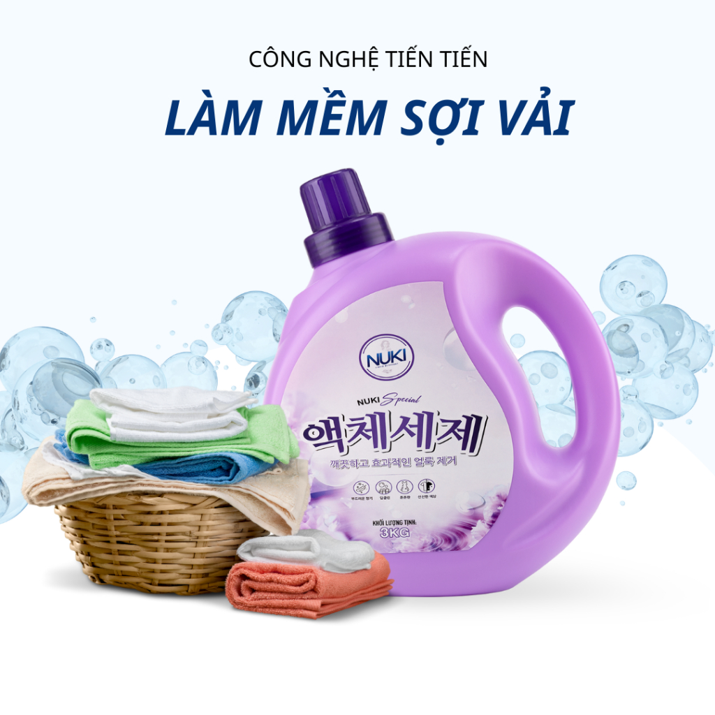 Can Nước Giặt Xả Nuki Special 2 in 1 Hương Nắng Mai - Can 3kg Nước Giặt Xả Quần Áo Thơm Lâu Mềm Vải