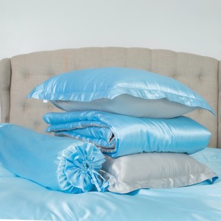 (New)Trọn Bộ Chăn Ga Gối Lụa LS Lavish Silk Cao Cấp Mát Lạnh Hàng Loại 1- Xanh Da Trời Mix Trắng