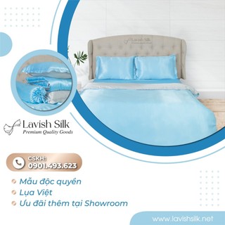 (New)Trọn Bộ Chăn Ga Gối Lụa LS Lavish Silk Cao Cấp Mát Lạnh Hàng Loại 1- Xanh Da Trời Mix Trắng
