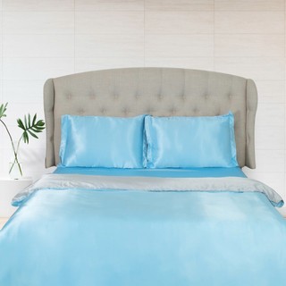 (New)Trọn Bộ Chăn Ga Gối Lụa LS Lavish Silk Cao Cấp Mát Lạnh Hàng Loại 1- Xanh Da Trời Mix Trắng