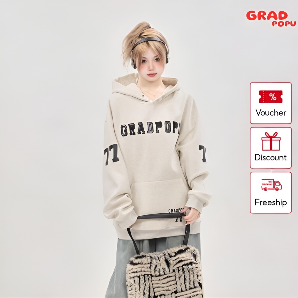 Áo hoodie nữ GRADPOPU PPH10 dáng rộng chữ thêu có mũ trùm oversize, chất nỉ 2 lớp dày dặn siêu ấm phong cách retro Mỹ