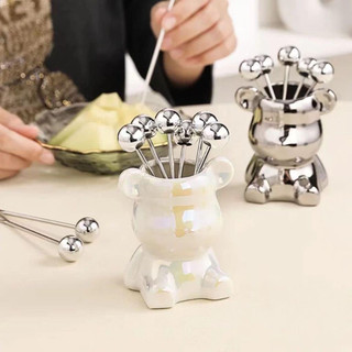 Bộ 6 dĩa ăn hoa quả kèm hộp đựng hình gấu Bearick sang trọng,Dĩa hoa quả mini