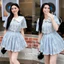Sét Áo Sơ Mi Kẻ Xanh Nữ Cổ Sen Phối Ren Kèm Nơ Mix Chân Váy Xếp Ly Cạp Chun Viền Ren Vải Thô Mềm Loại Đẹp [MY57]