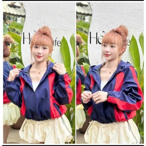 áo khoác gió Nữ pha màu croptop có mũ hàng thiết kế shop Long
