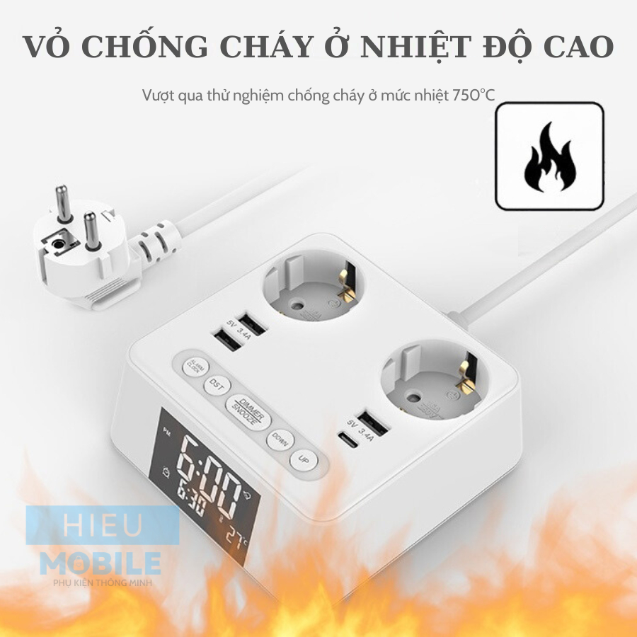 Trạm sạc mini ổ điện để bàn có đồng hồ LED báo thức, cổng sạc USB A và Type C (OG-169)