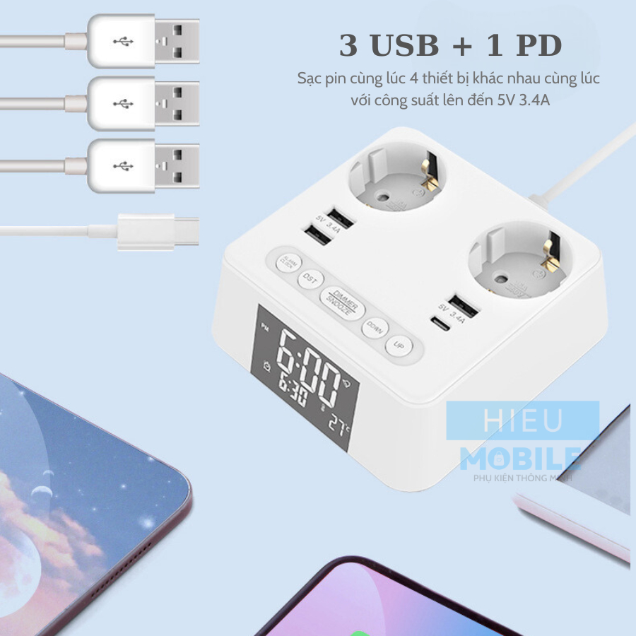 Trạm sạc mini ổ điện để bàn có đồng hồ LED báo thức, cổng sạc USB A và Type C (OG-169)