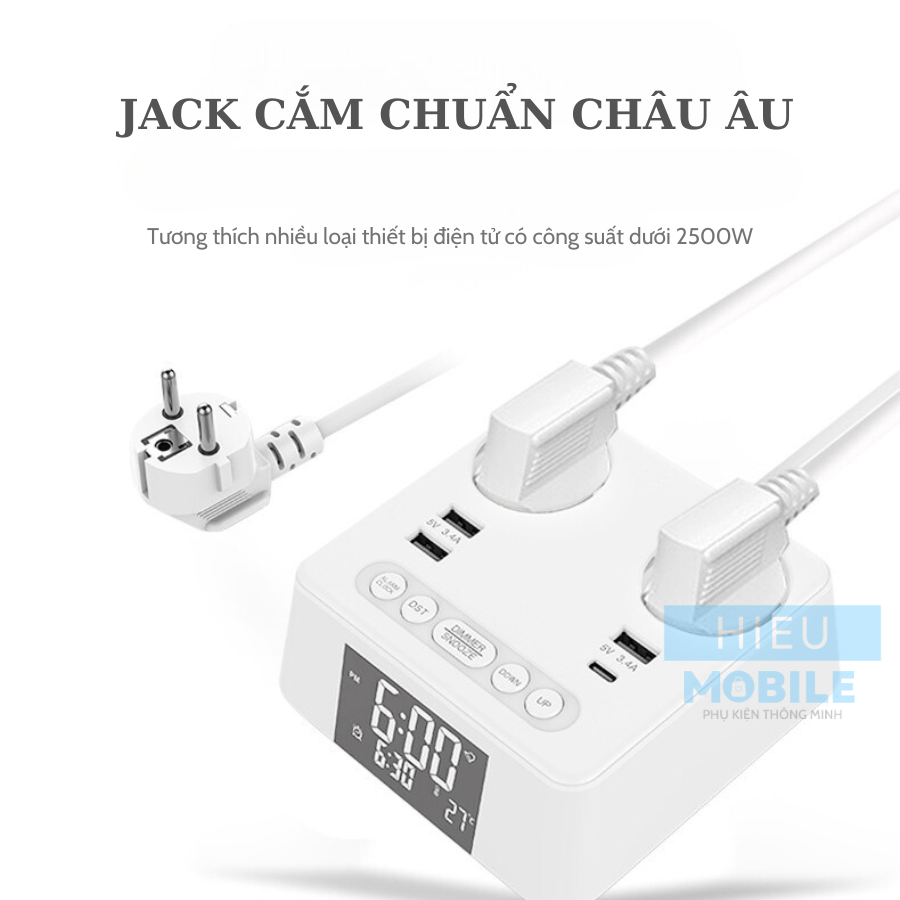 Trạm sạc mini ổ điện để bàn có đồng hồ LED báo thức, cổng sạc USB A và Type C (OG-169)