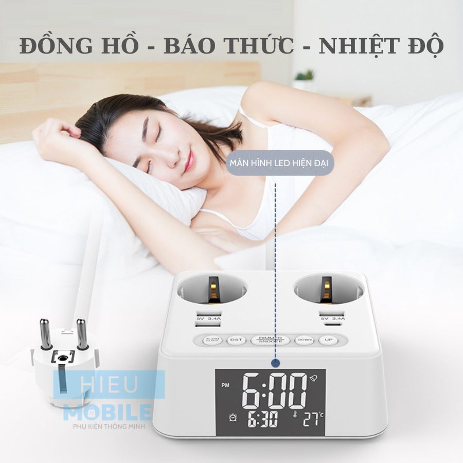 Trạm sạc mini ổ điện để bàn có đồng hồ LED báo thức, cổng sạc USB A và Type C (OG-169)