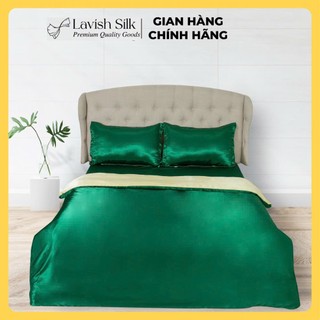 (New)Trọn Bộ Chăn Ga Gối Lụa LS Lavish Silk Cao Cấp Mát Lạnh Hàng Loại 1- Xanh Lá Mix Vàng Kem