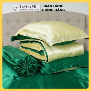 (New)Trọn Bộ Chăn Ga Gối Lụa LS Lavish Silk Cao Cấp Mát Lạnh Hàng Loại 1- Xanh Lá Mix Vàng Kem