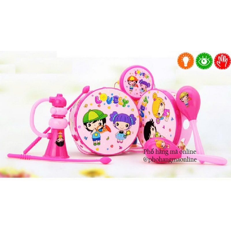 Bộ trống, lắc, kèn, xúc xắc hoạt hình cô bé 6 món cho bé chơi TRUNG THU