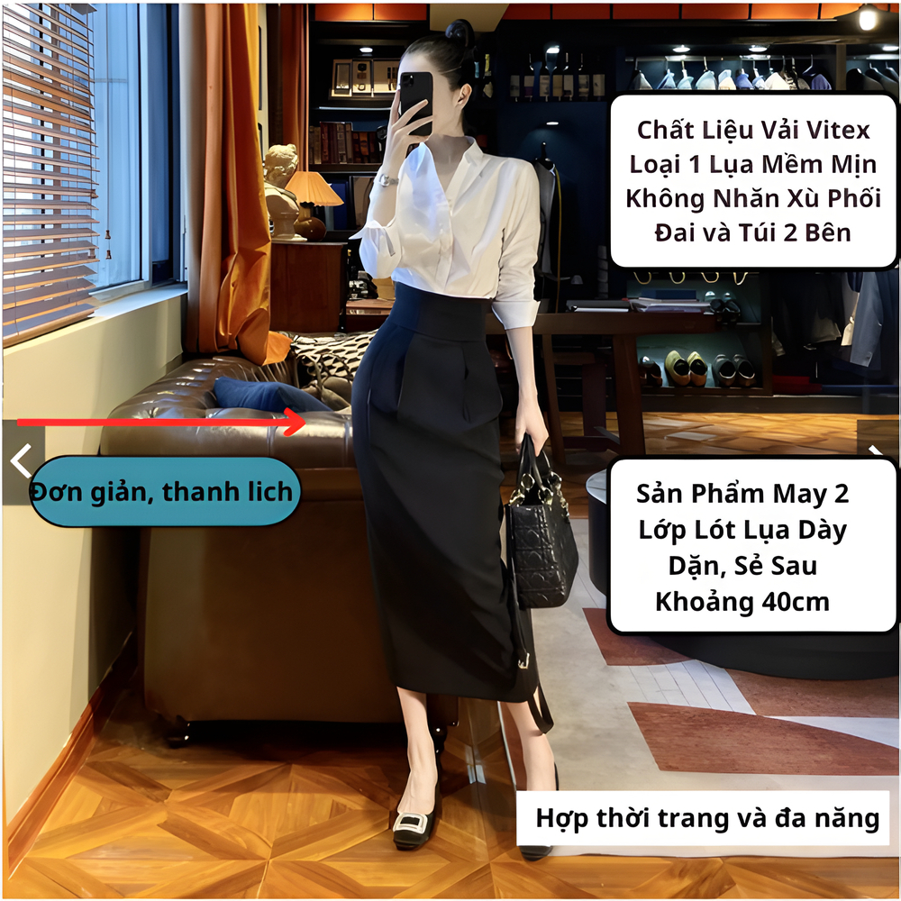 Chân váy bút chì dài cạp cao shopngoctrang10 vải vitex dày co giãn nhẹ CV92