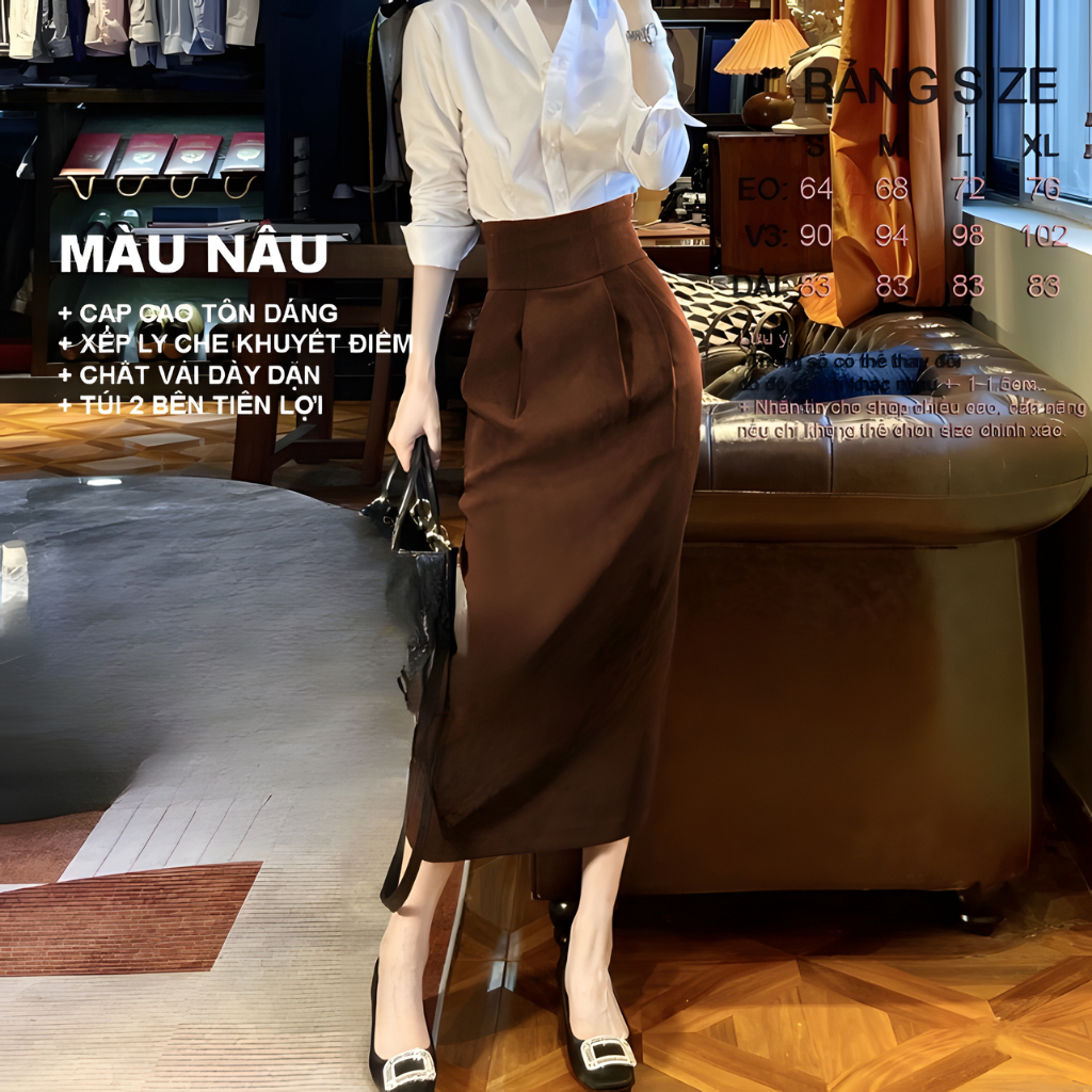 Chân váy bút chì dài cạp cao shopngoctrang10 vải vitex dày co giãn nhẹ CV92