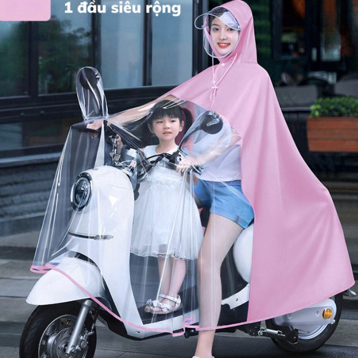 Áo mưa trong suốt che phủ toàn thân cho mẹ và bé kèm kính chắn mưa, vải dù siêu nhẹ chống thấm tốt ( Chính Hãng )