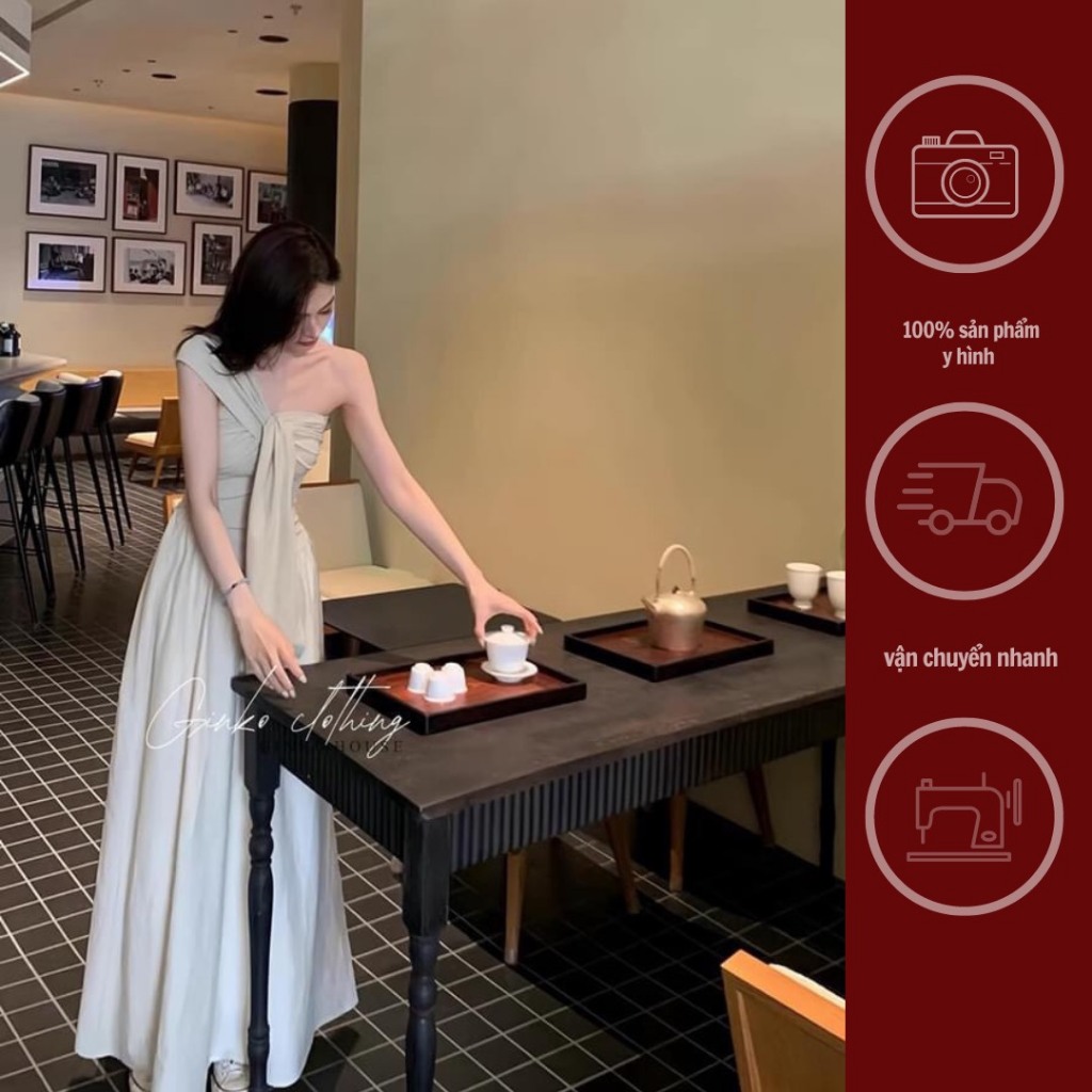 GINKO CLOTHING_Váy nữ thần lệch vai tôn dáng, tà bay nhẹ nhàng dáng thanh tao_V2407