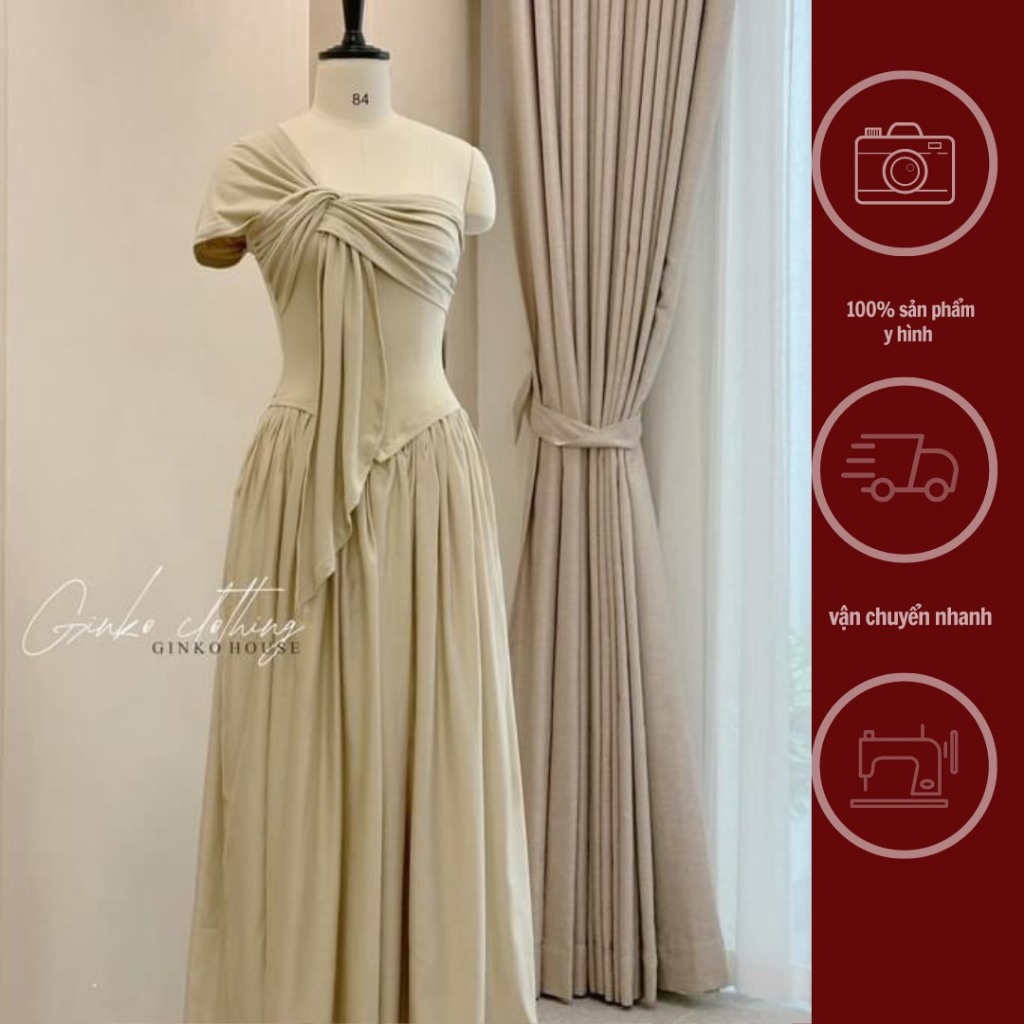GINKO CLOTHING_Váy nữ thần lệch vai tôn dáng, tà bay nhẹ nhàng dáng thanh tao_V2407