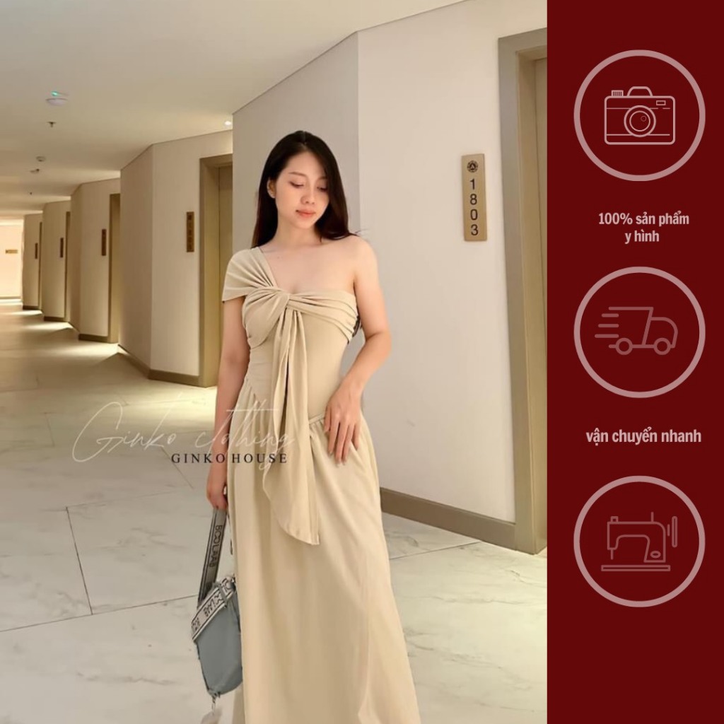 GINKO CLOTHING_Váy nữ thần lệch vai tôn dáng, tà bay nhẹ nhàng dáng thanh tao_V2407