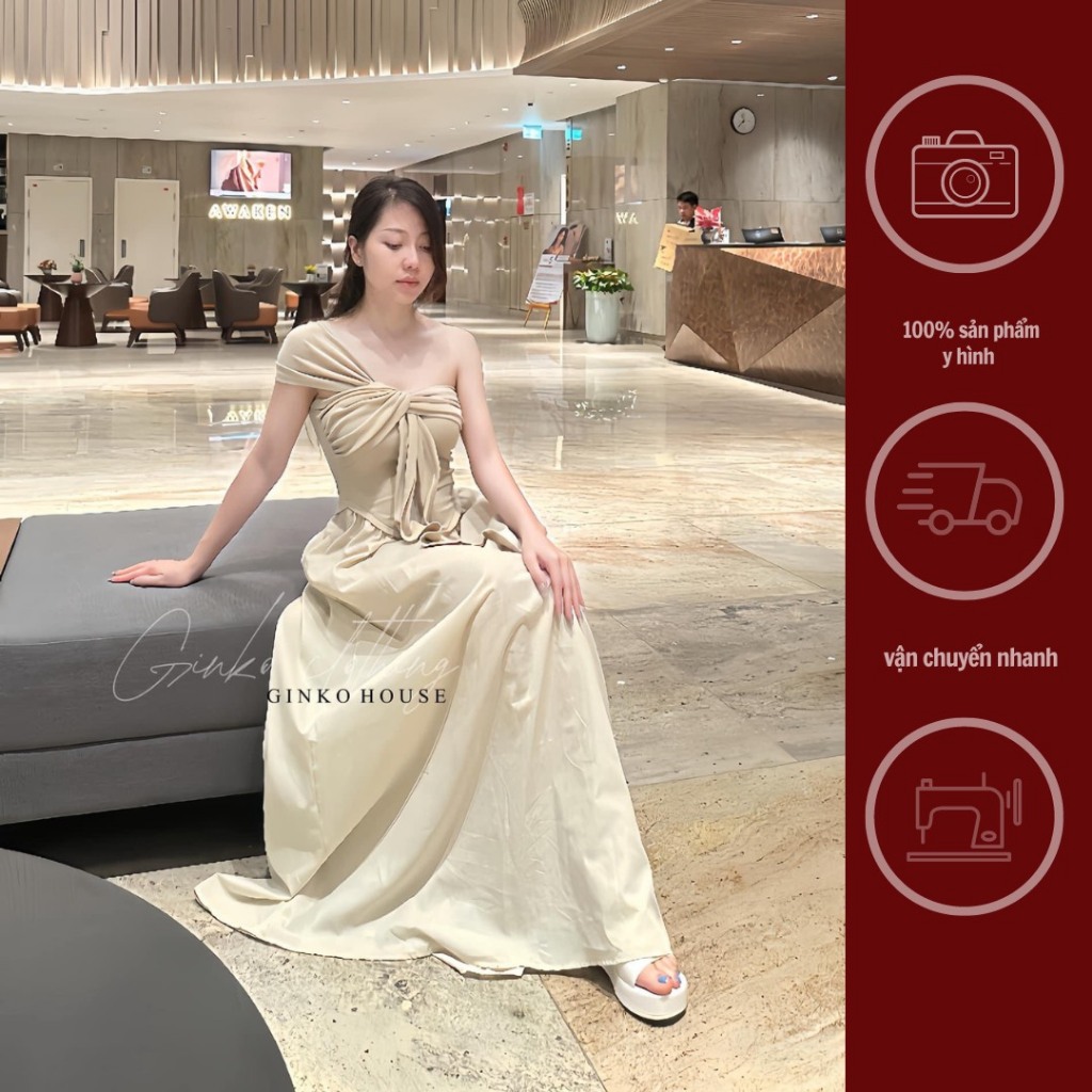 GINKO CLOTHING_Váy nữ thần lệch vai tôn dáng, tà bay nhẹ nhàng dáng thanh tao_V2407