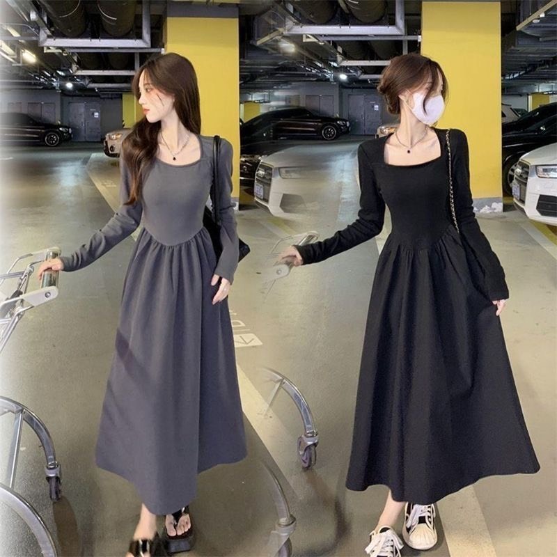 Đầm váy nữ xòe chữ A dáng dài tay thu đông cổ vuông nhún ly xòe chiết eo (CÓ BIG SIZE) MT33 SP03