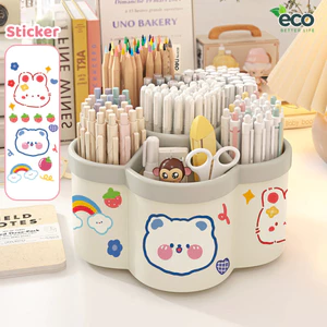 Hộp đựng bút để bàn ECO xoay 360 thiết kế bông hoa 6 ngăn, Hộp đựng văn phòng phẩm để bàn đa năng