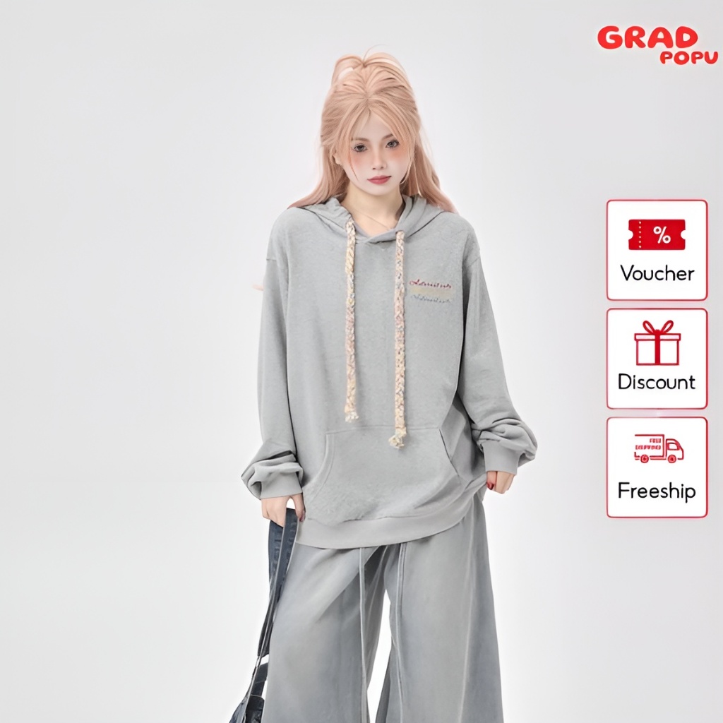 Áo hoodie nữ GRADPOPU PPH11 dáng rộng cùng chữ thêu nhiều màu độc đáo, chất nỉ 2 lớp dày dặn siêu ấm phong cách retro Mỹ