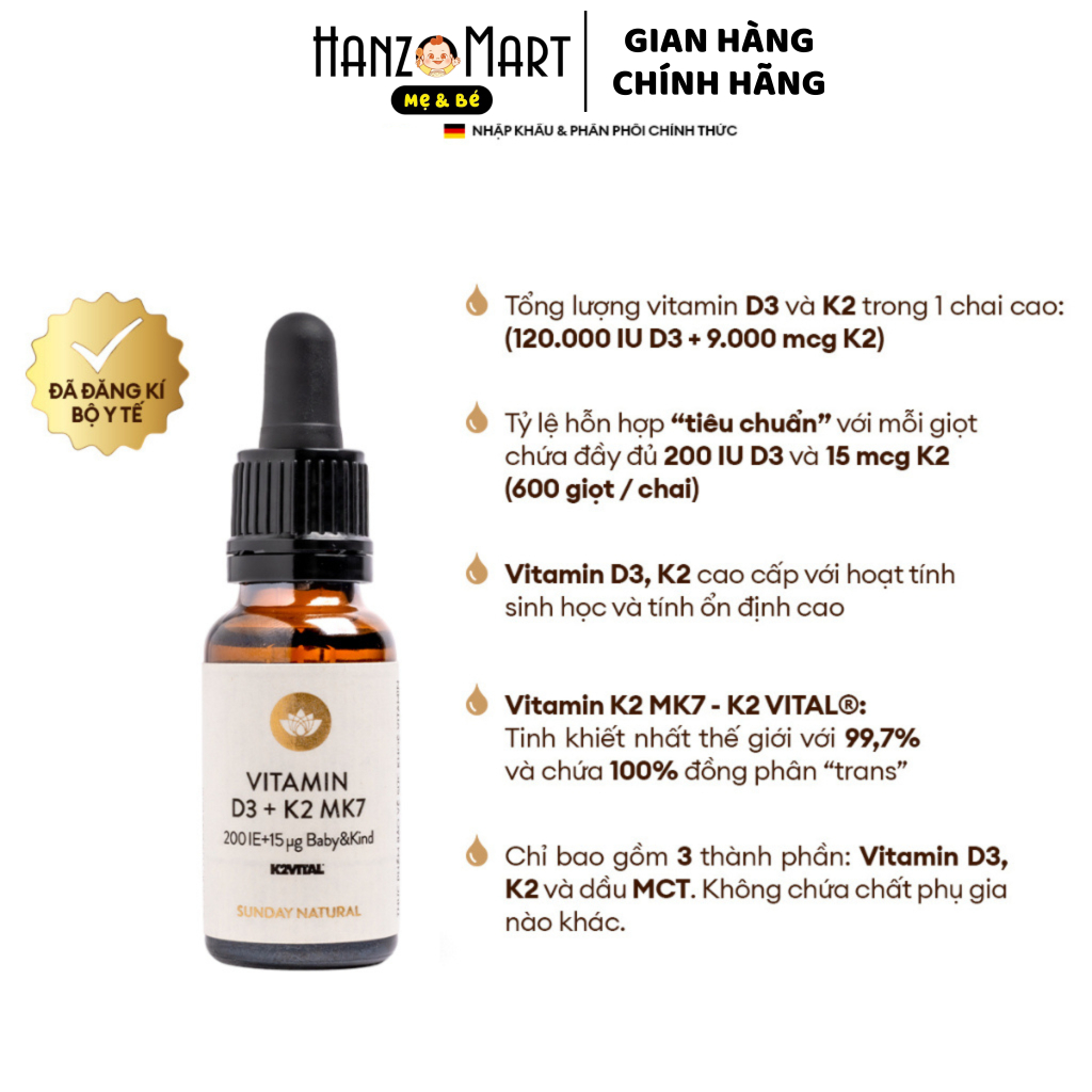 Vitamin D3 K2 Mk7 Sunday Natural Đức, vitamin cho bé 10ml - hanzomart