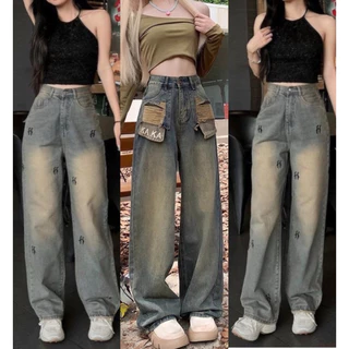 Quần bò jean ống rộng  suông xuông nữ thêu nơ jeans cạp cao phong cách style MS488