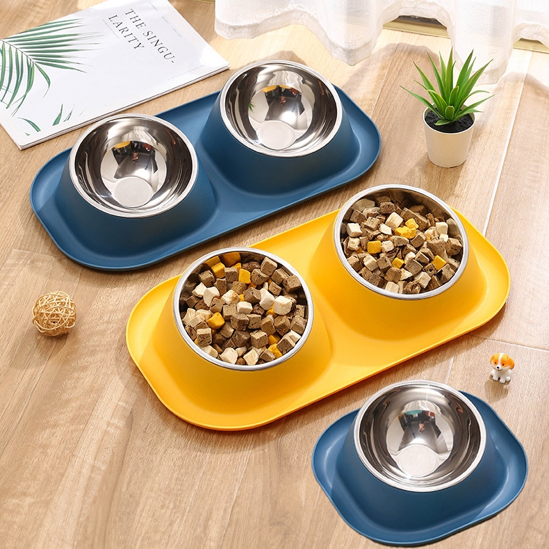 Bát ăn cho mèo chó thú cưng đôi hai ngăn inox rời nghiêng chống gù chống kiến ngừa rơi vãi