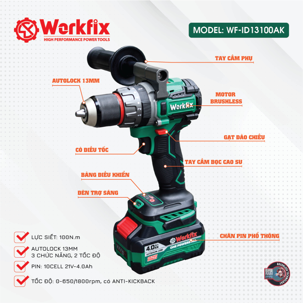 Máy Khoan Workfix WF-ID13100AK Anti KickBack 13mm Lực Siết 100Nm 3 Chức Năng Khoan Không Chổi Than