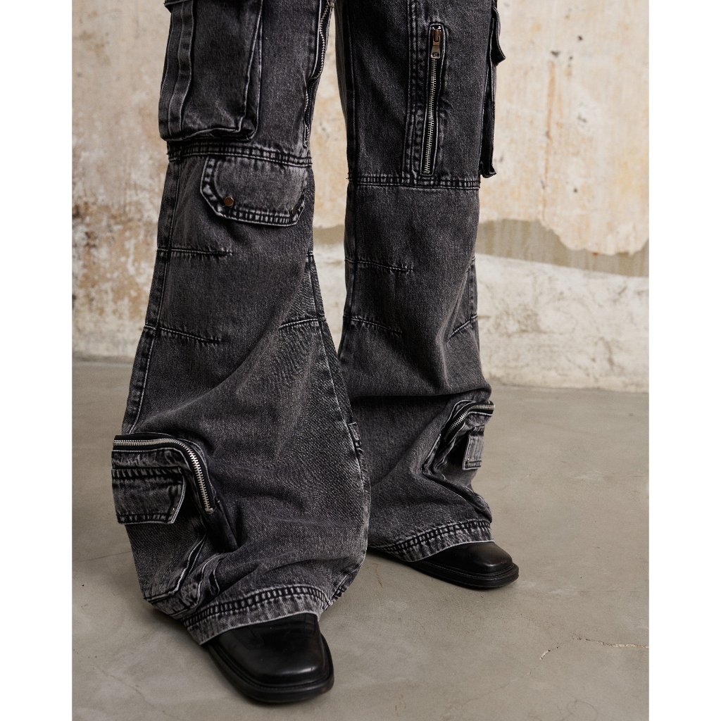 Bad Choices | Quần jean suông loe DESTROYED dây kéo phối túi hộp StreetWear Style