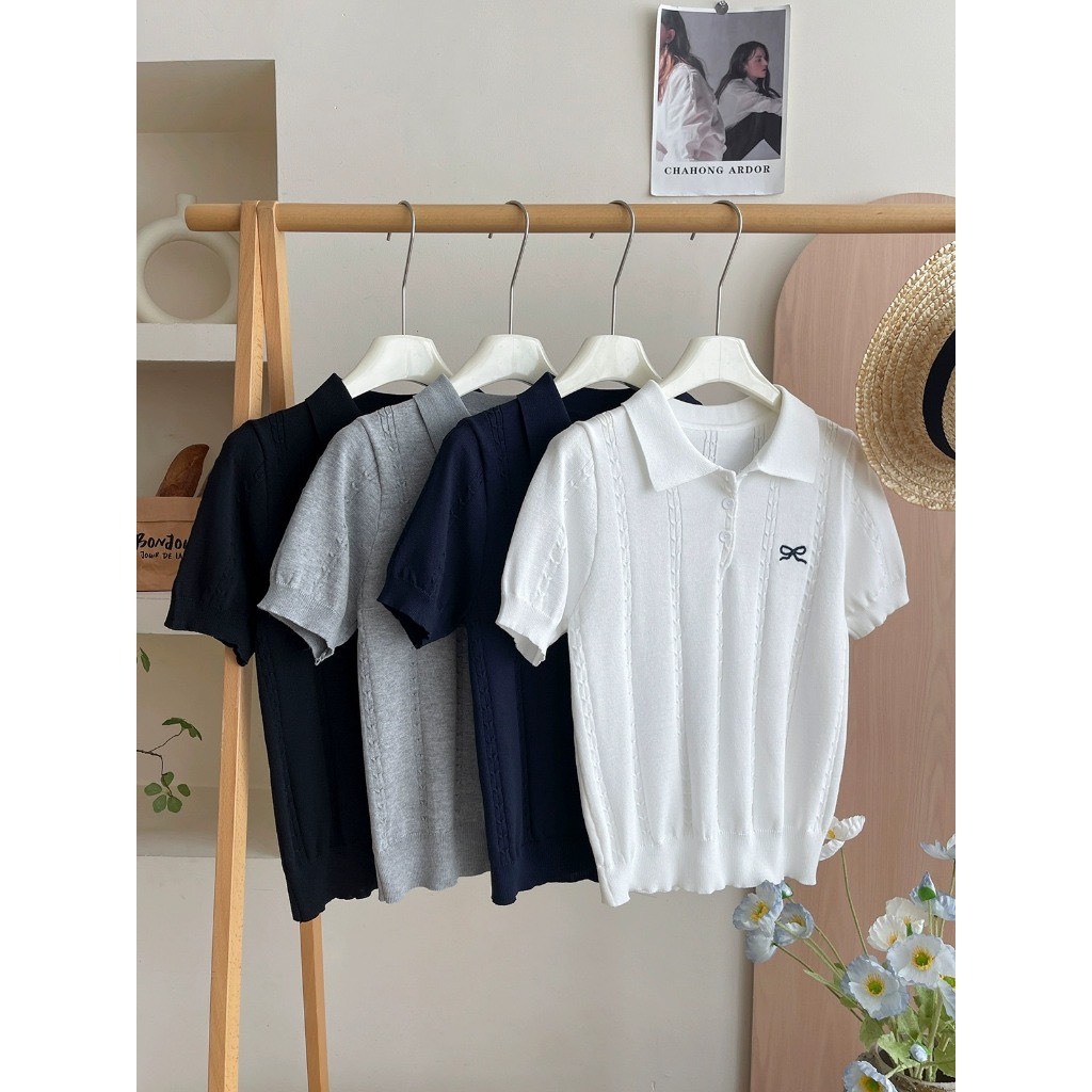 Ảnh Áo len nữ mỏng ngắn tay vặn thừng cổ bẻ phối cúc thêu nơ form vừa tôn dáng chất len mềm hàng thiết kế 3