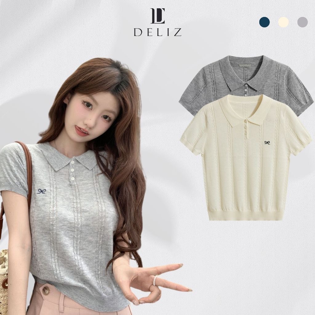 Ảnh Áo len nữ mỏng ngắn tay vặn thừng cổ bẻ phối cúc thêu nơ form vừa tôn dáng chất len mềm hàng thiết kế 4