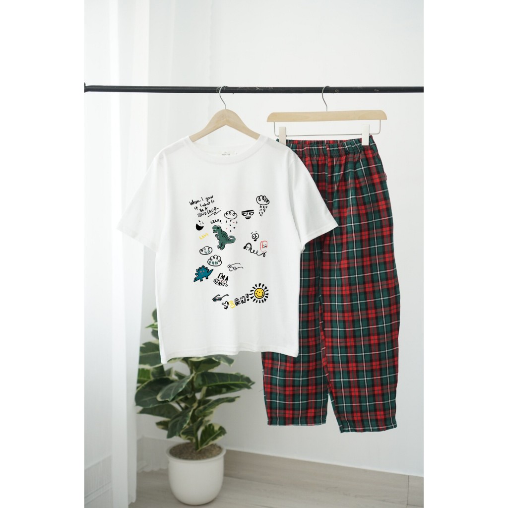 Đồ bộ dài mặc nhà cho nữ in hình ngộ nghĩnh- JULY fashion2023, sét bộ mặc nhà quần dài Baggy caro to chất Cotton Đũi mềm