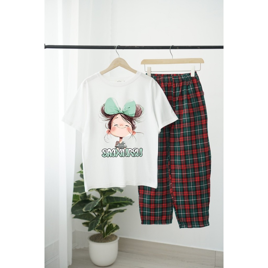 Đồ bộ dài mặc nhà cho nữ in hình ngộ nghĩnh- JULY fashion2023, sét bộ mặc nhà quần dài Baggy caro to chất Cotton Đũi mềm
