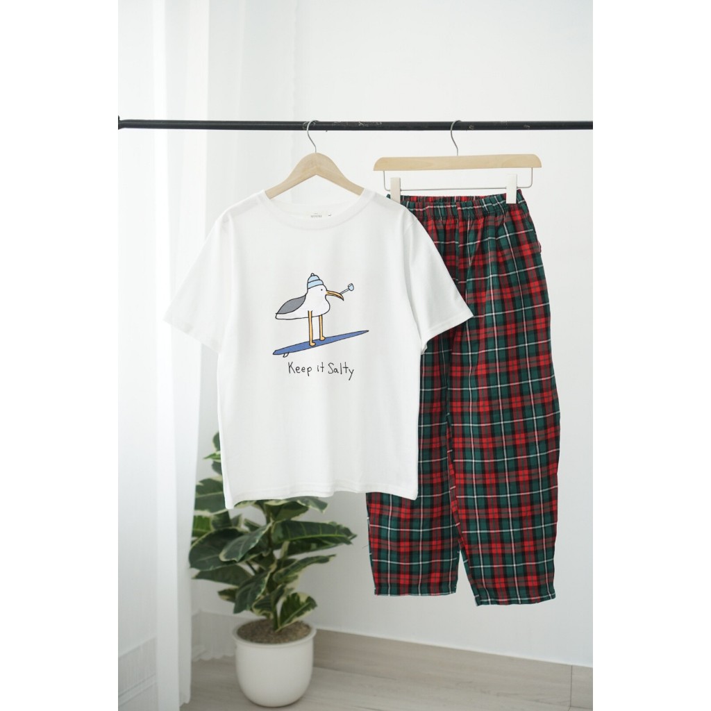 Đồ bộ dài mặc nhà cho nữ in hình ngộ nghĩnh- JULY fashion2023, sét bộ mặc nhà quần dài Baggy caro to chất Cotton Đũi mềm