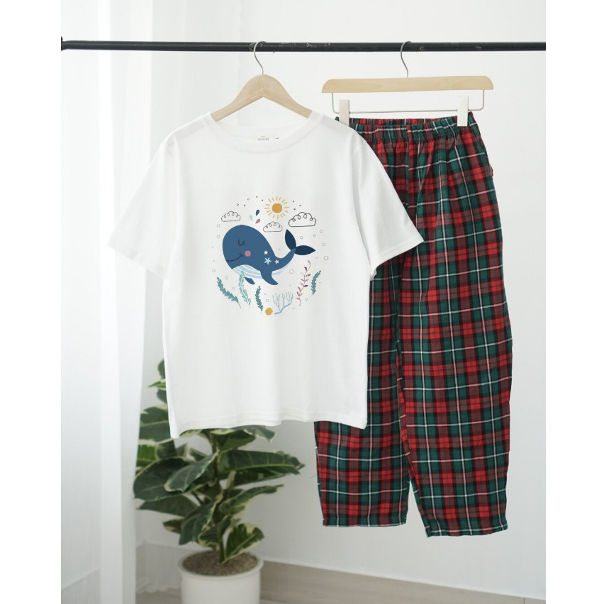 Đồ bộ dài mặc nhà cho nữ in hình ngộ nghĩnh- JULY fashion2023, sét bộ mặc nhà quần dài Baggy caro to chất Cotton Đũi mềm