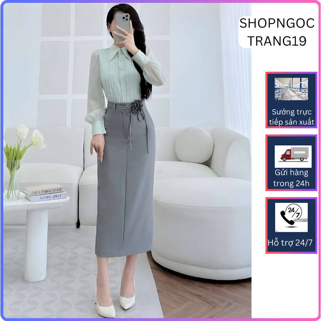 Chân Váy Suông Dài 80cm Phối Bông Hoa Lụa Cách Điệu-SHOPNGOCTRANG19-Chất Liệu Vitex-CV175