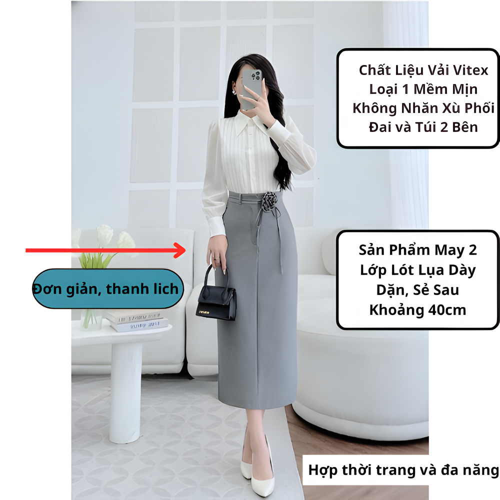 Chân Váy Suông Dài 80cm Phối Bông Hoa Lụa Cách Điệu-SHOPNGOCTRANG19-Chất Liệu Vitex-CV175