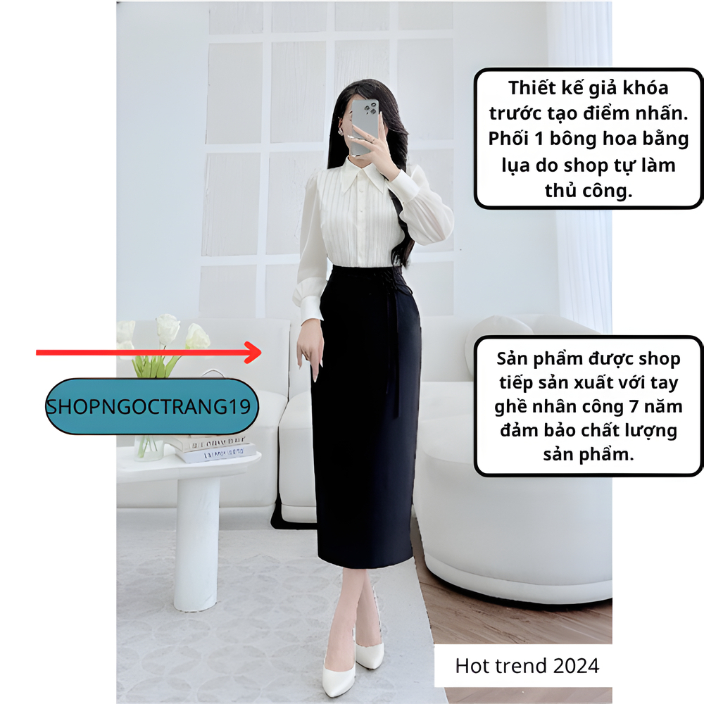 Chân Váy Suông Dài 80cm Phối Bông Hoa Lụa Cách Điệu-SHOPNGOCTRANG19-Chất Liệu Vitex-CV175