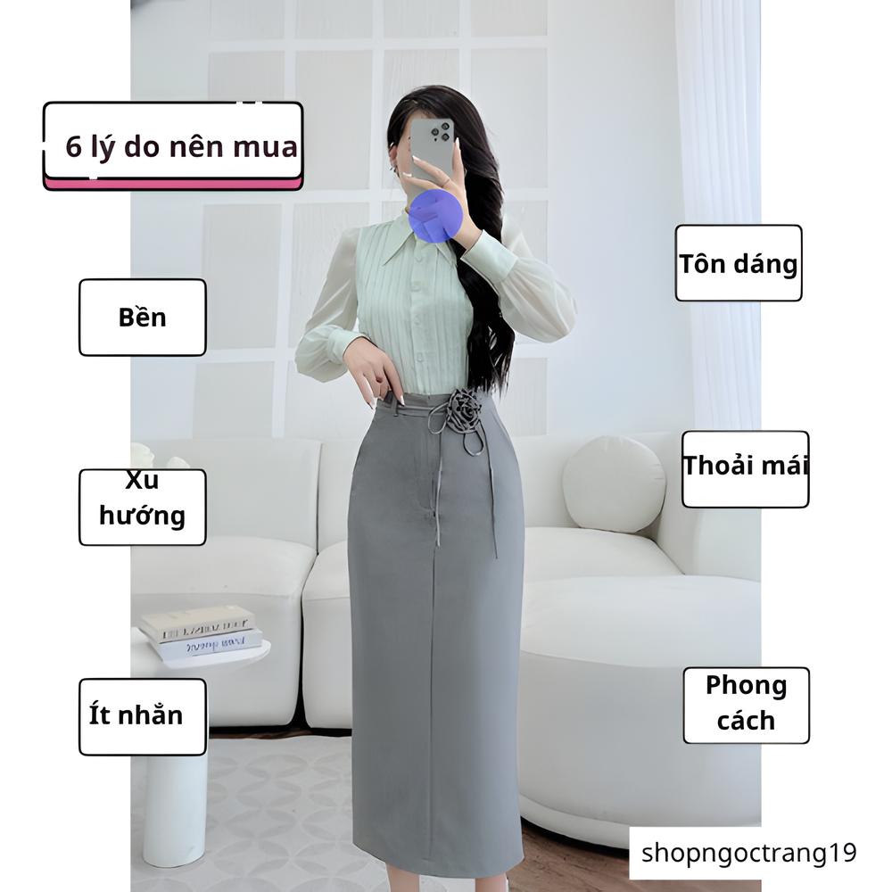 Chân Váy Suông Dài 80cm Phối Bông Hoa Lụa Cách Điệu-SHOPNGOCTRANG19-Chất Liệu Vitex-CV175