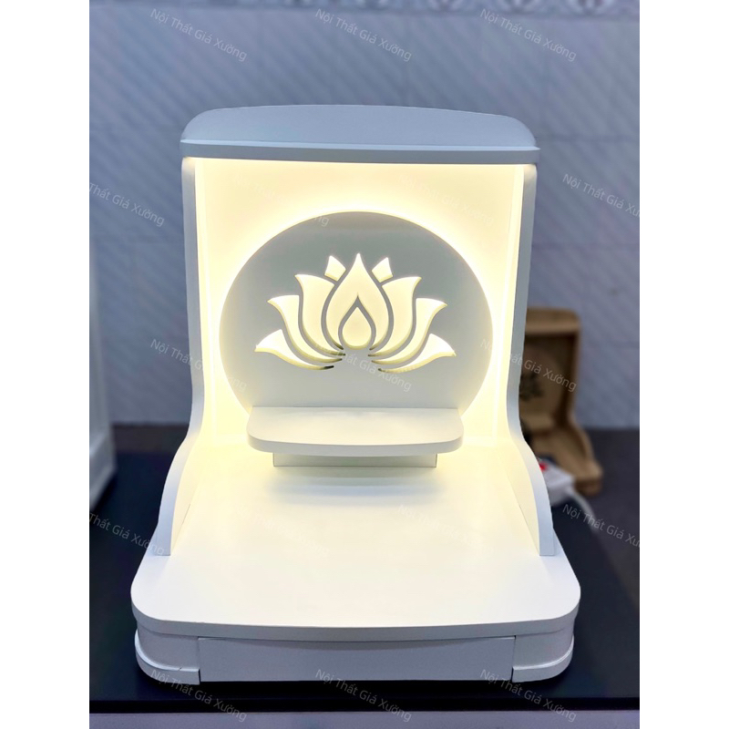 ( Có Đèn Led Sẵn  ) BÀN THỜ THẦN TÀI THỔ ĐỊA HOA SEN XOÈ MÀU TRẮNG ( Chưa bao gồm: Tượng - Lư Hương )