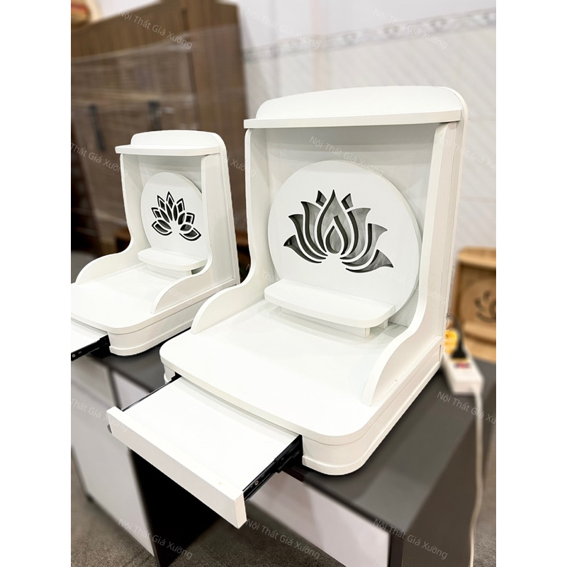 ( Có Đèn Led Sẵn  ) BÀN THỜ THẦN TÀI THỔ ĐỊA HOA SEN XOÈ MÀU TRẮNG ( Chưa bao gồm: Tượng - Lư Hương )